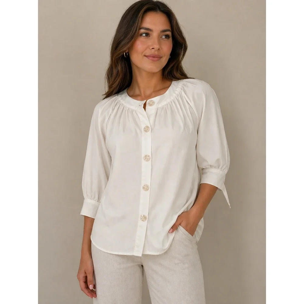 Antonio Melani Cream Button Front Blouse Tie Cuff‎ Sleeve Top Size M